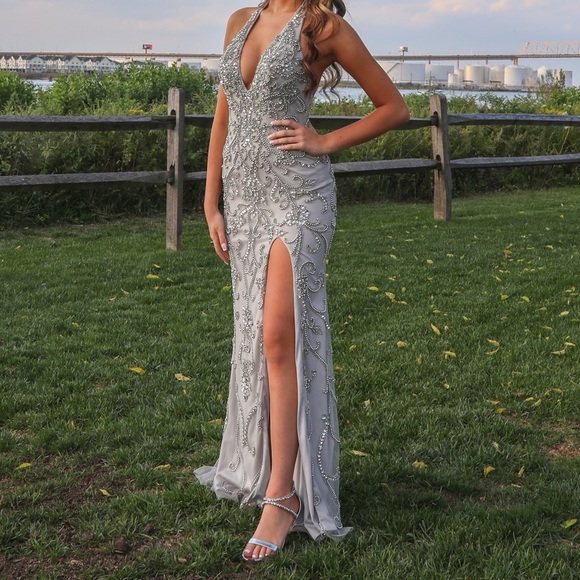 Terani Couture Silver Prom Dress - Picture 4 of 9